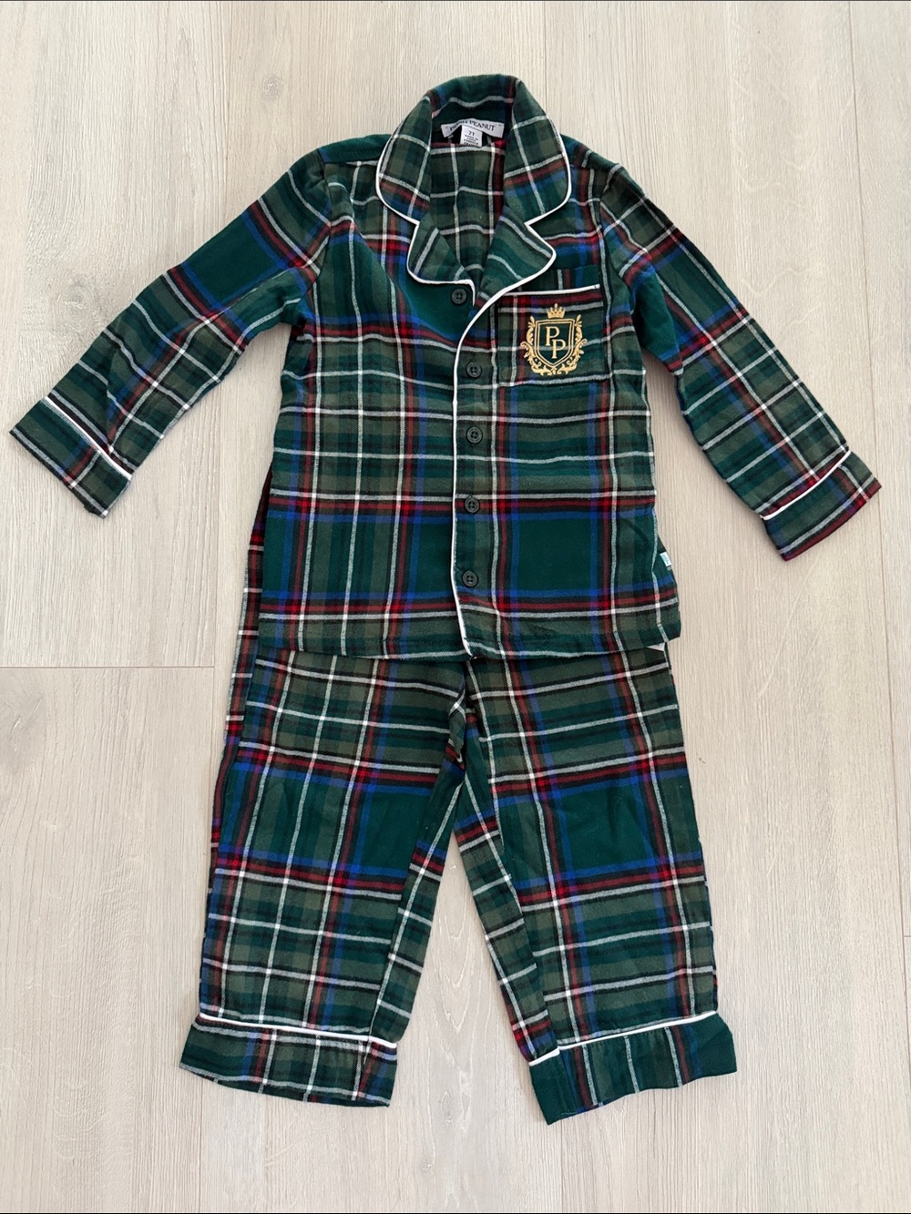 Posh Peanut Green Plaid Kids Pajama Set - Crest Detail 2T